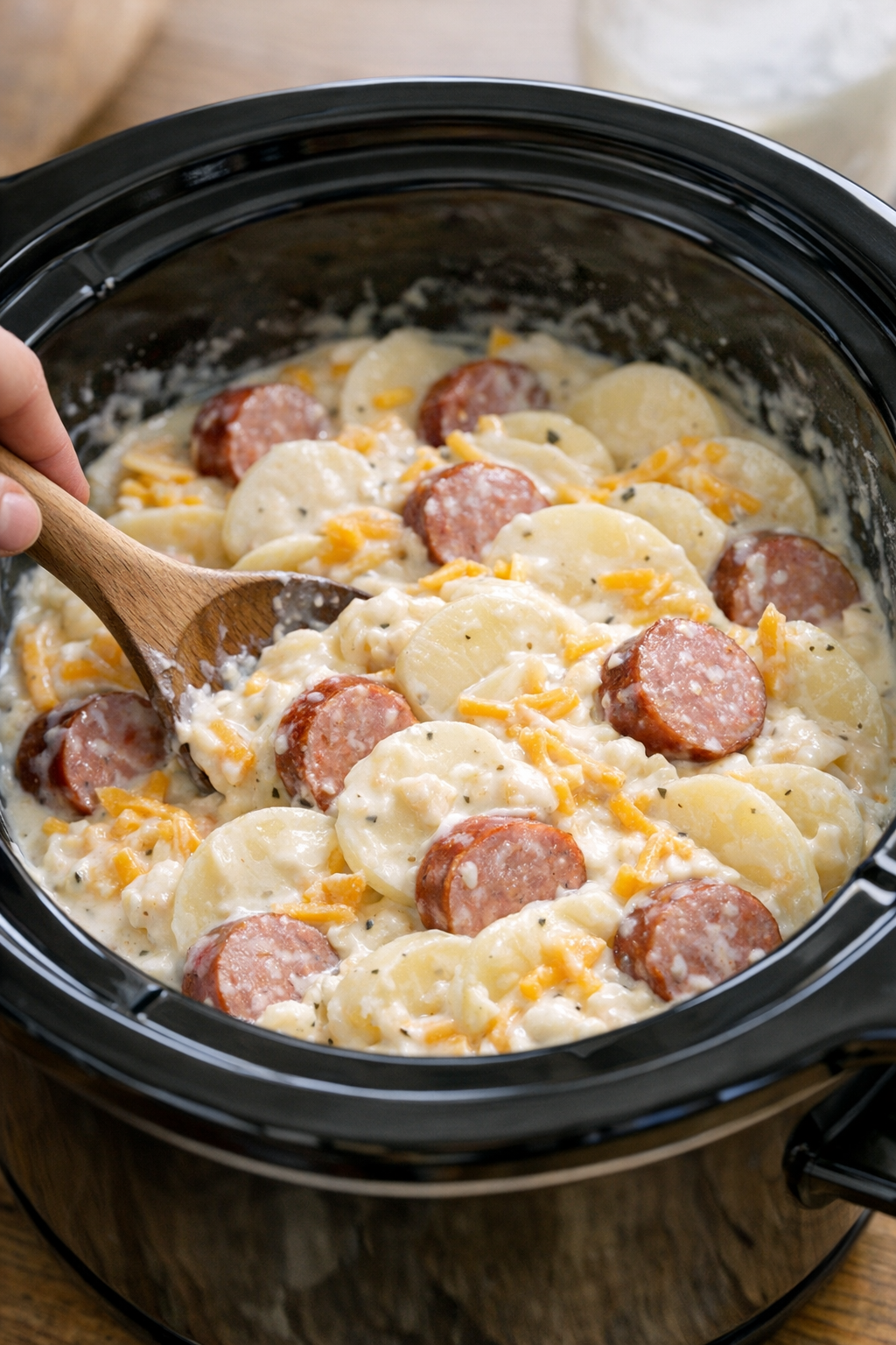 Ingredients stirred together in the slow cooker