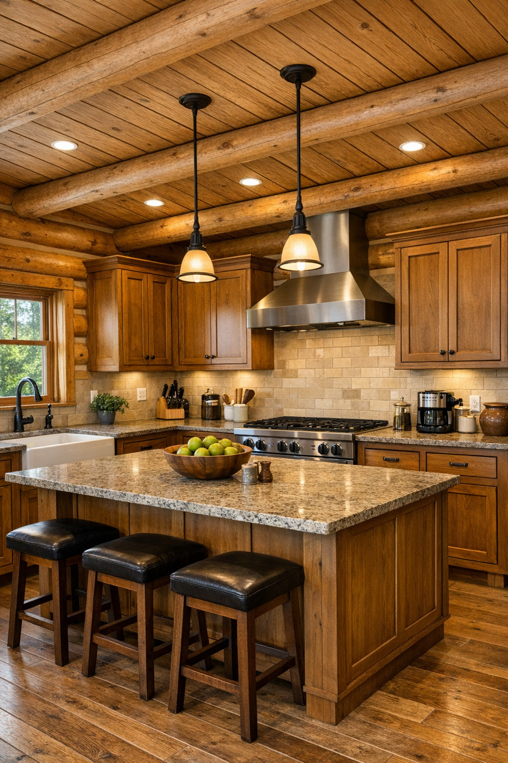 Kitchen with Amish-built wood cabinetry, stone countertops, and a large central island