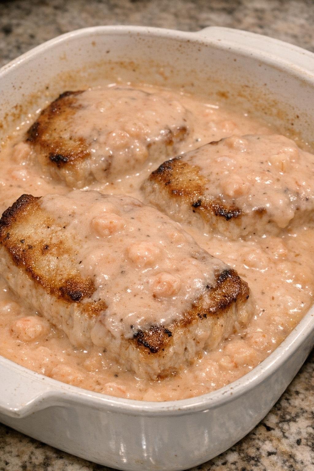 Golden browned pork chops in creamy shrimp gravy