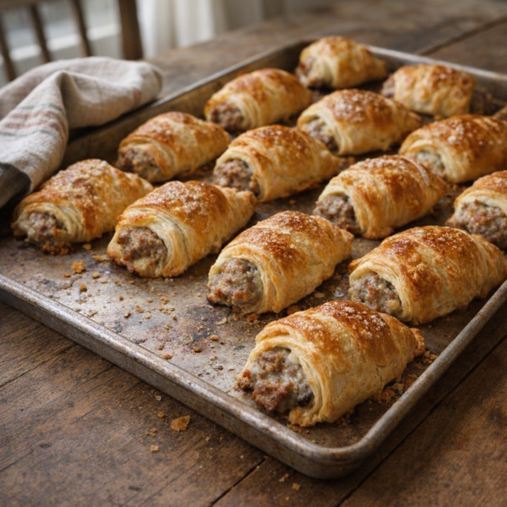 Warm tray of baked sausage cream cheese crescents on a rustic kitchen table