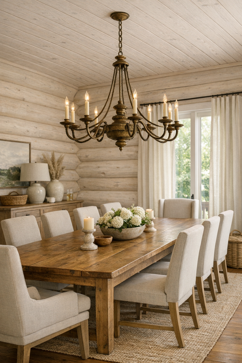 Warm dining room with a long wood table, upholstered chairs, and a handcrafted metal chandelier