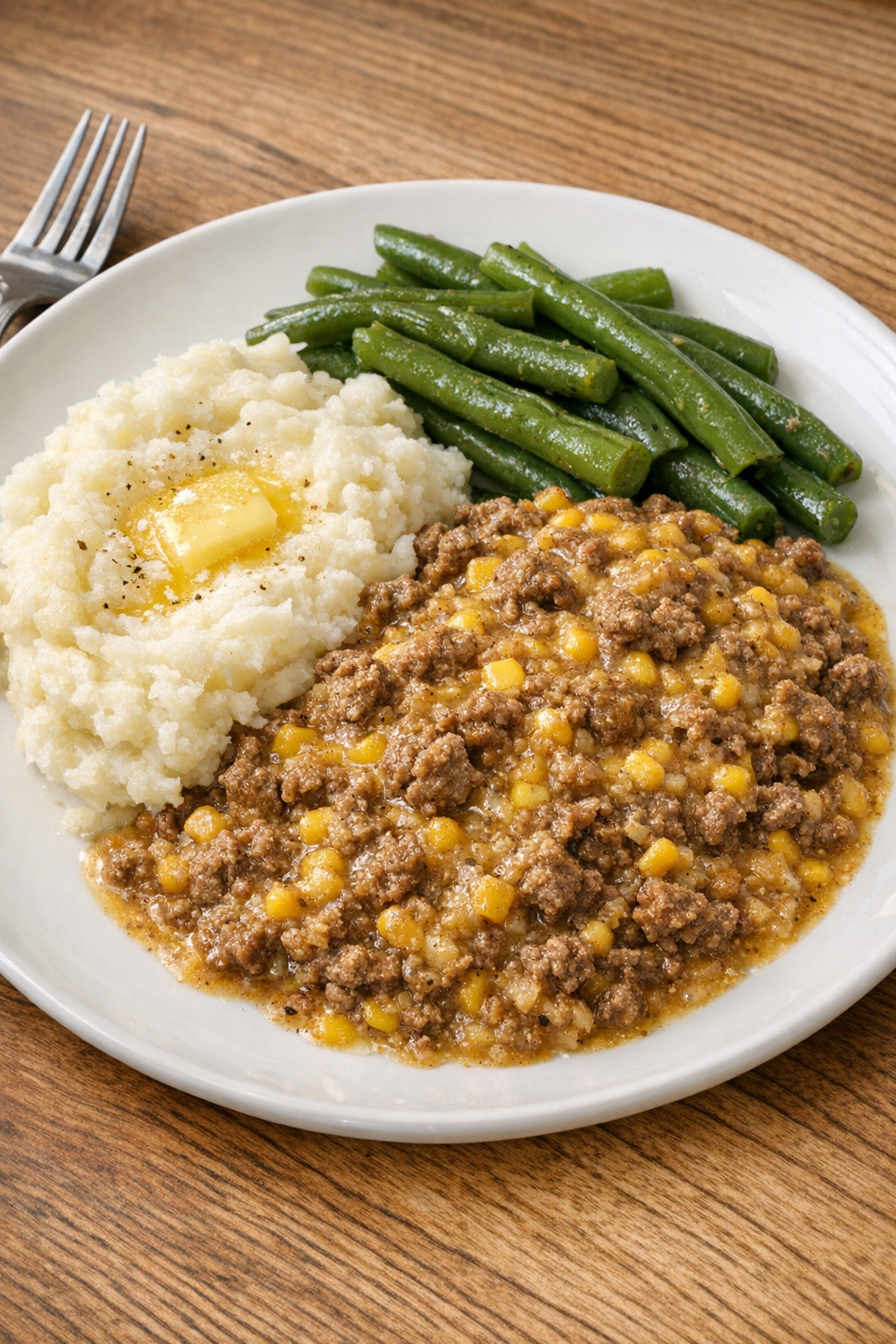 Finished plated beef and creamed corn slow cooker dish