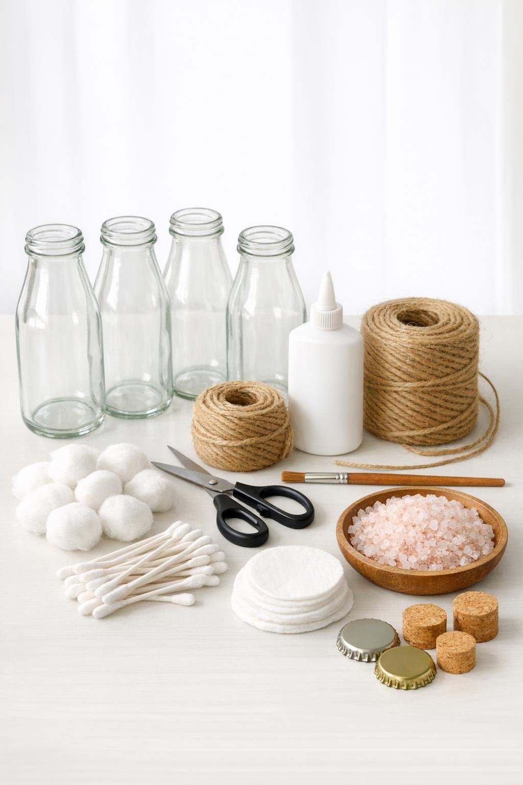 Four glass milk bottles, twine, glue, and bathroom filling materials laid out together