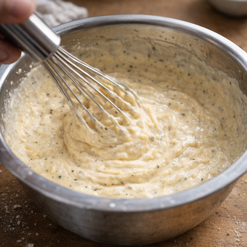 Ranch and soup mixture being whisked in a bowl