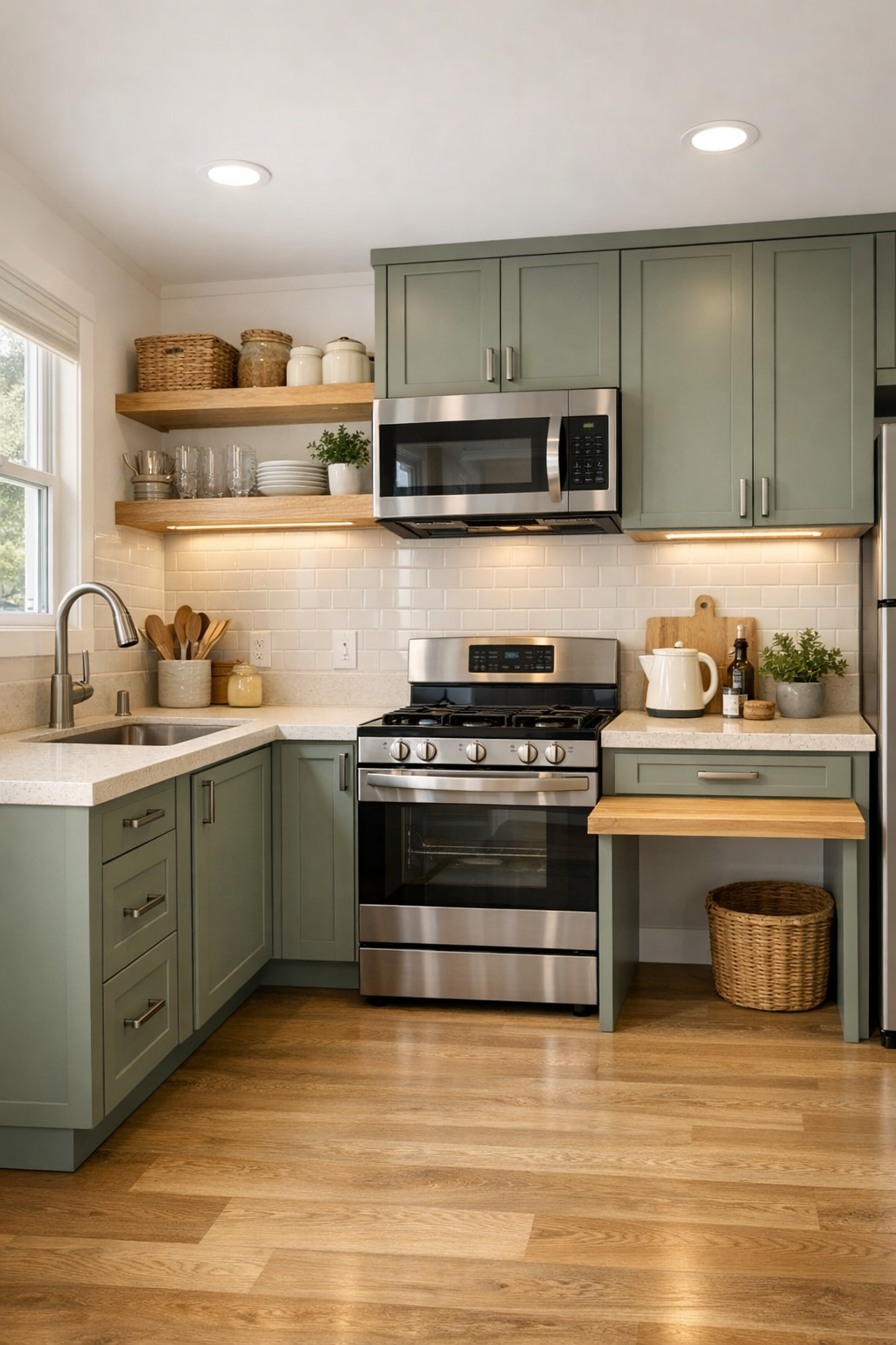 Sage tiny home kitchen with quartz counters and accessible layout