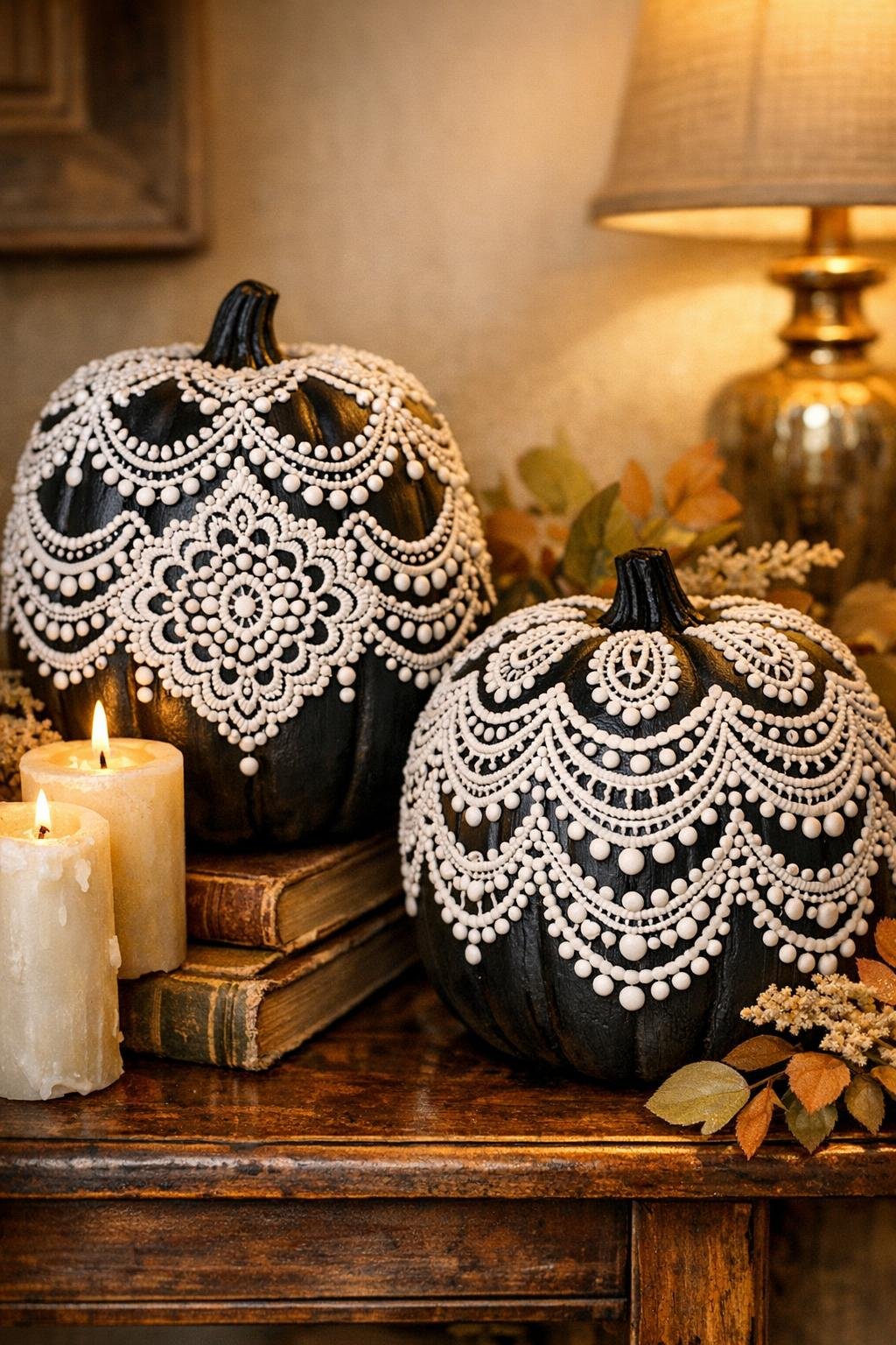 Finished black lace pumpkins displayed as fall decor