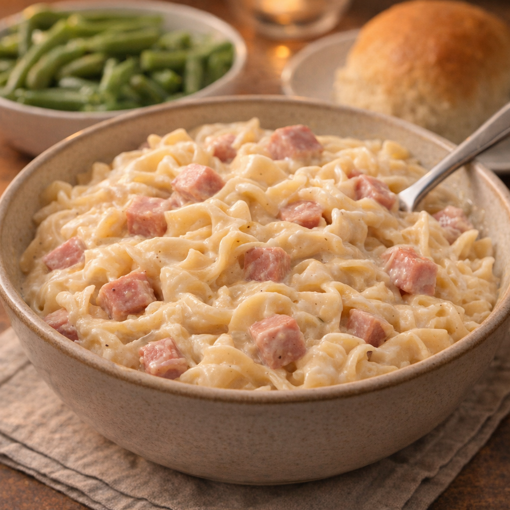 Bowl of creamy ham noodles served with green beans