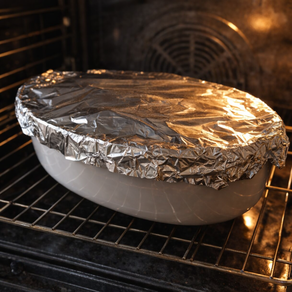 Foil-covered casserole dish ready for the oven