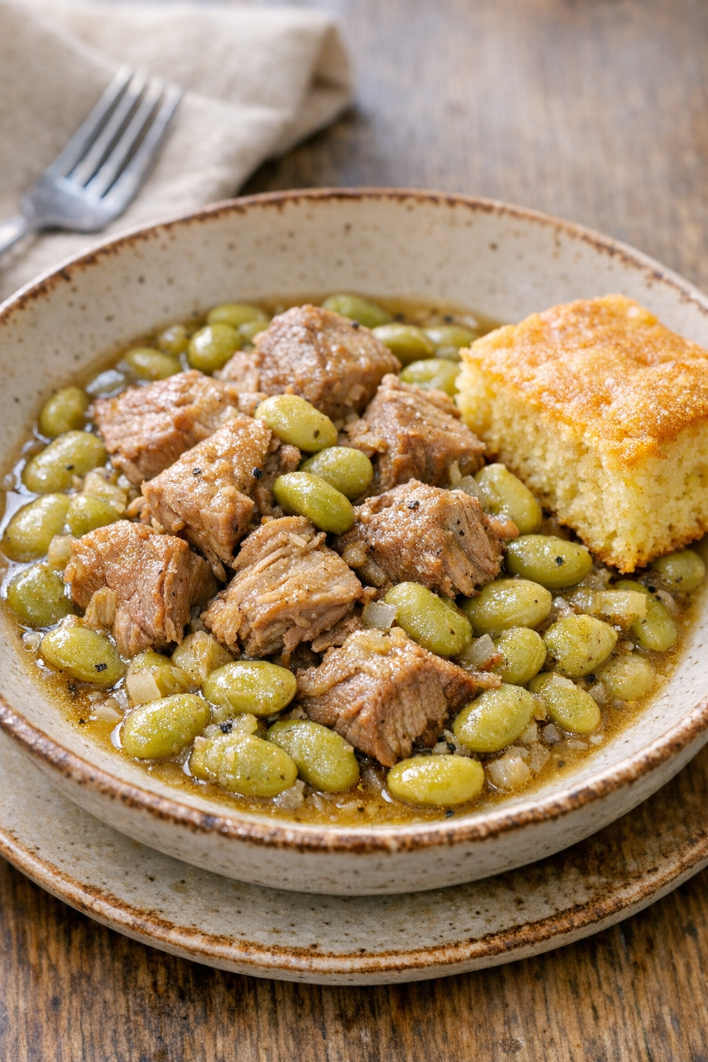 Final plated bowl of slow cooker lima bean pork with cornbread