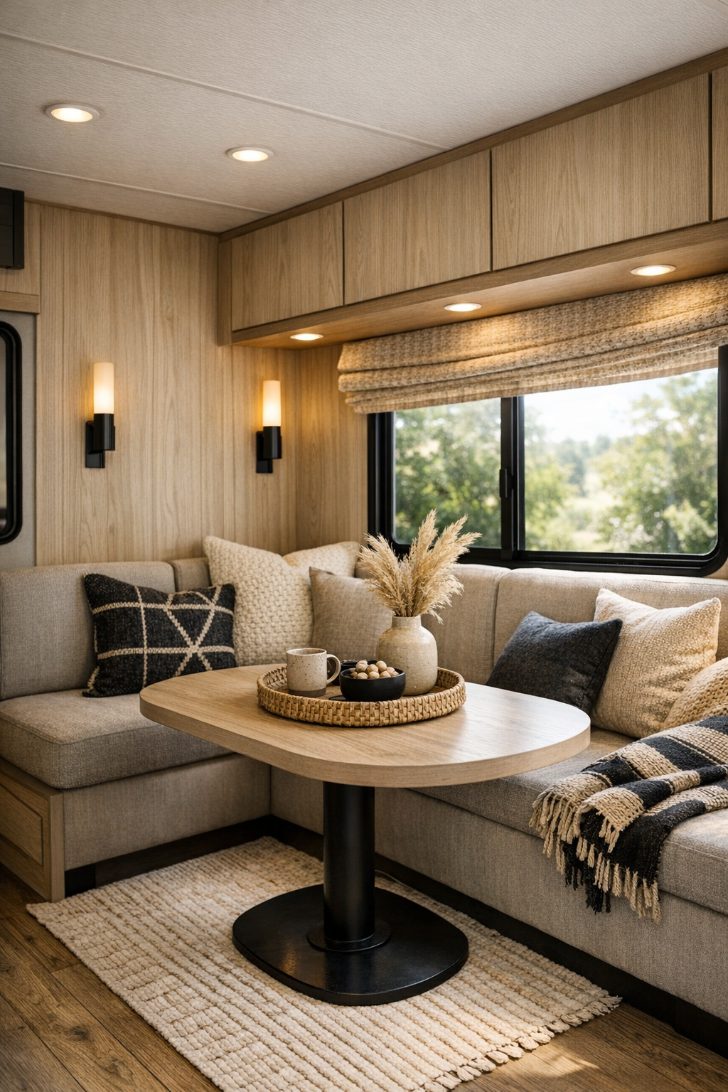 Compact modern RV living room with pale oak paneling and greige seating