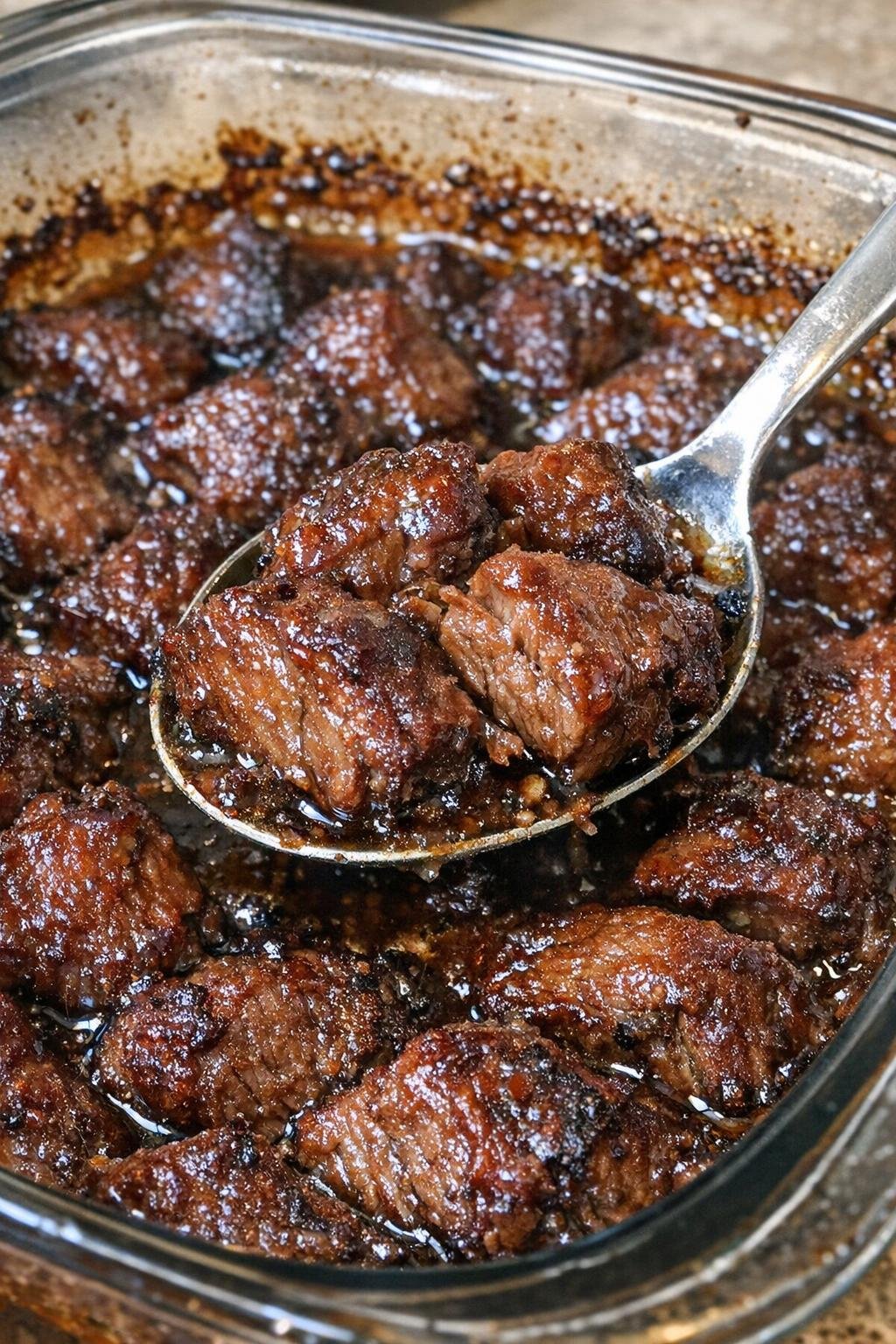 Savory beef bites in rich glaze in a glass casserole dish