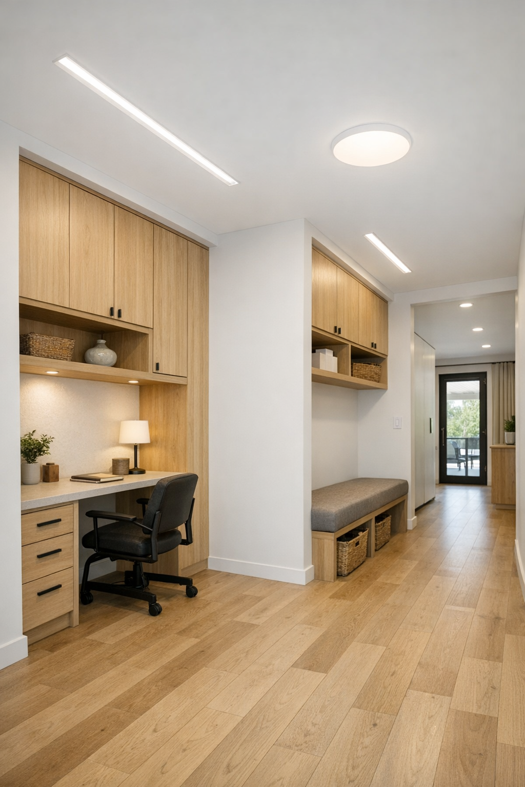 Thoughtful secondary space with built-in storage, a small work nook, and warm modern finishes