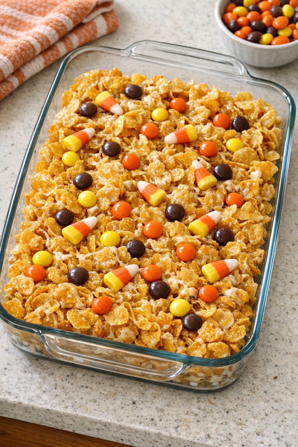 Finished baked Halloween cornflake dessert in a glass baking dish