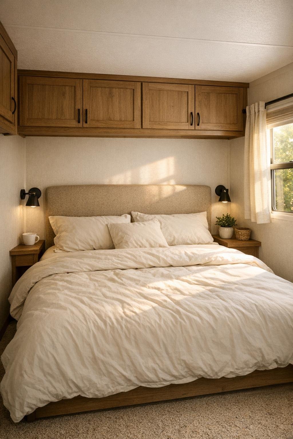 Calm bedroom with upholstered headboard, ivory bedding, and built-in storage in a park model RV