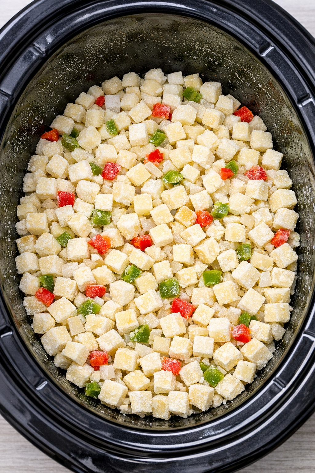 Frozen potatoes spread in the slow cooker