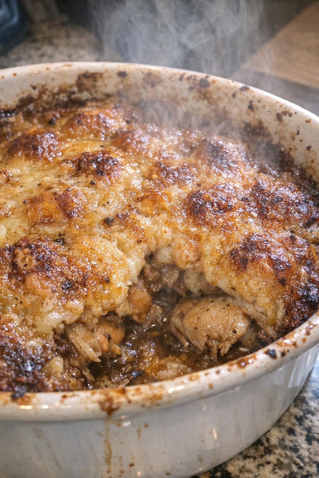 Close-up of a baked savory casserole with golden-brown crust