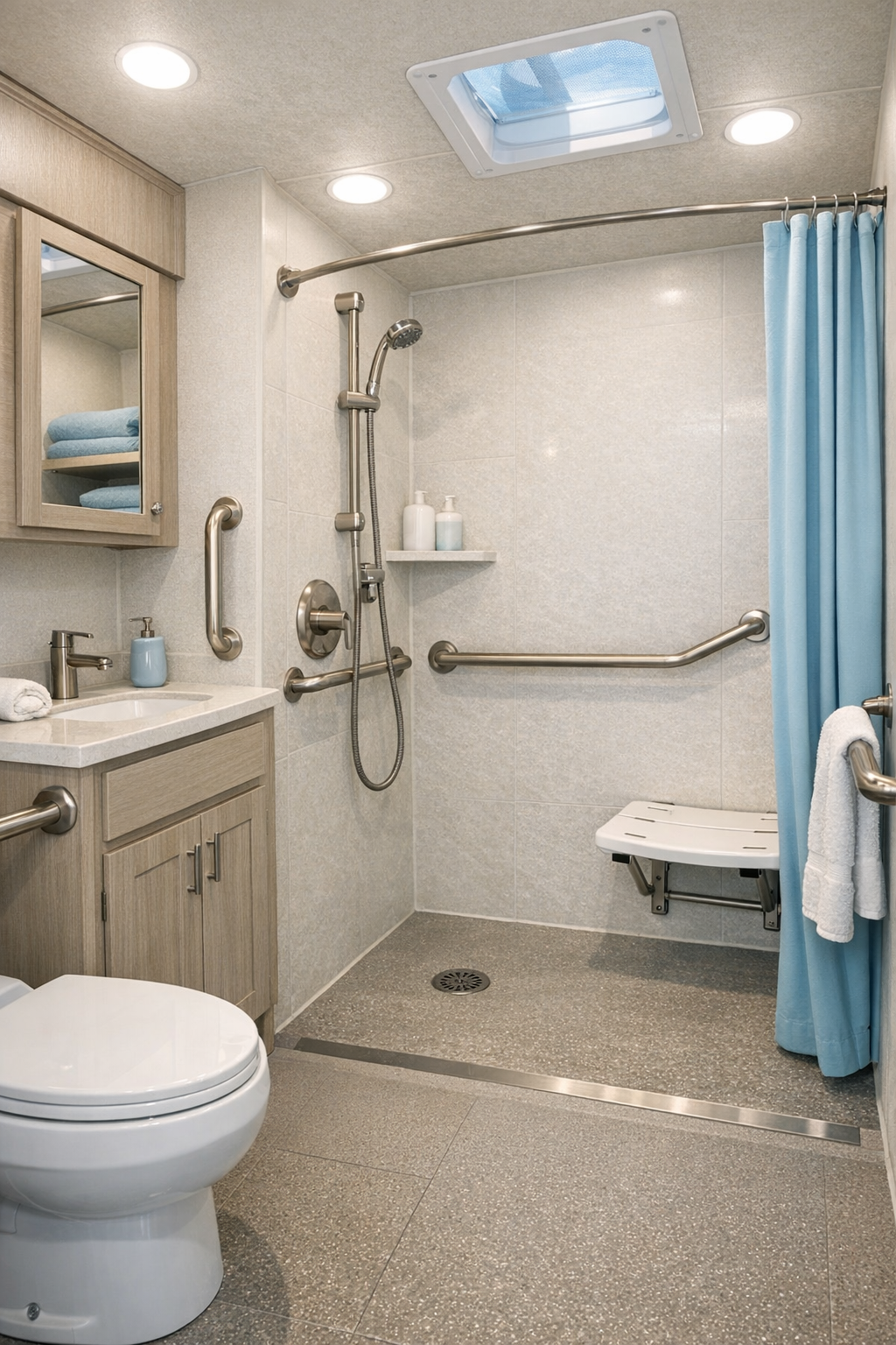 Modern accessible RV bathroom with curbless shower and light finishes