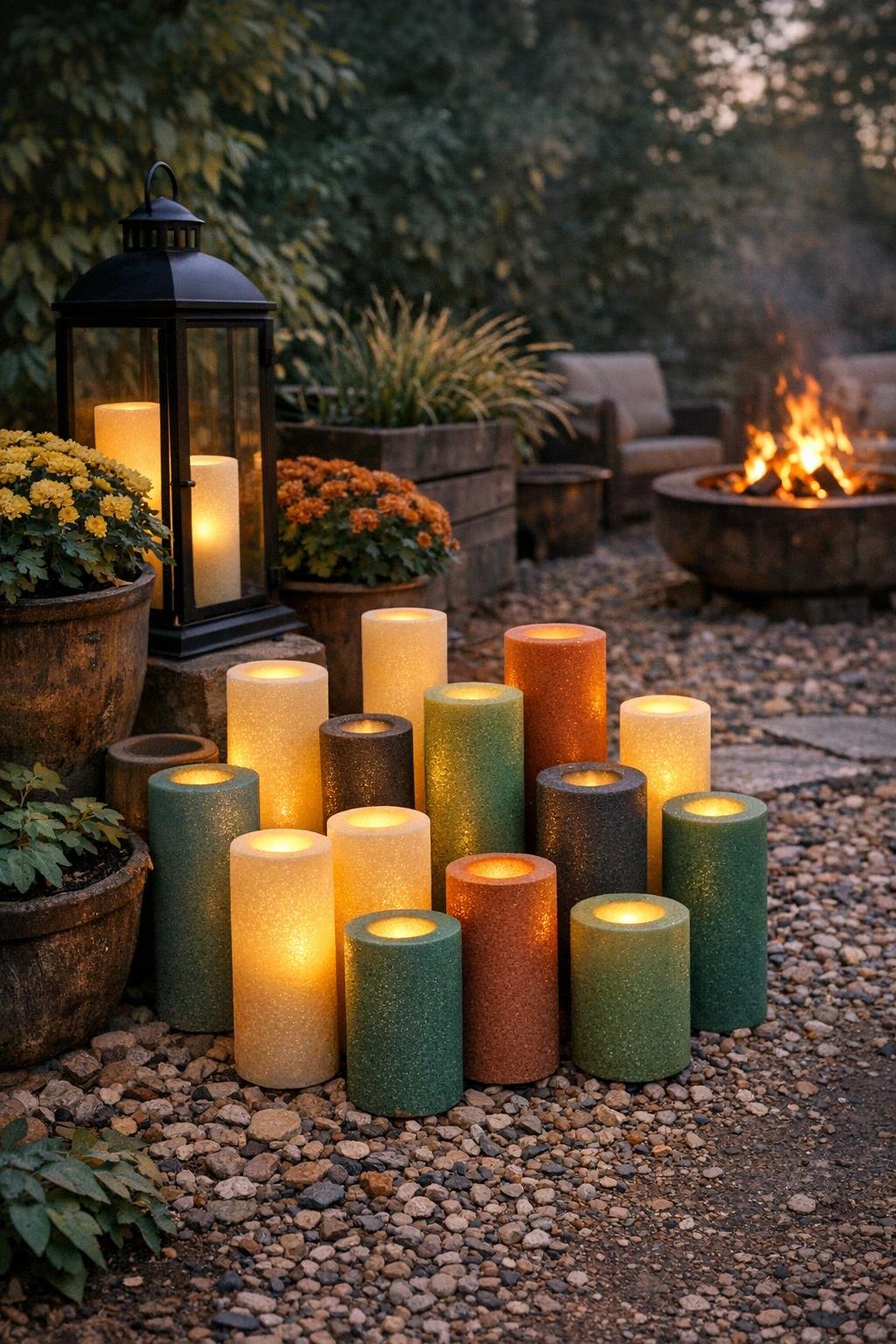 Finished pool noodle luminaries glowing in a backyard at dusk