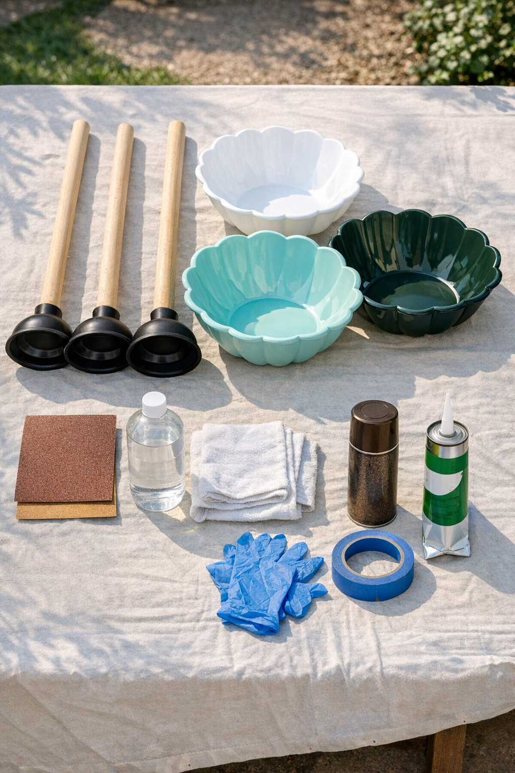 Materials for making three bronze-look backyard birdbaths