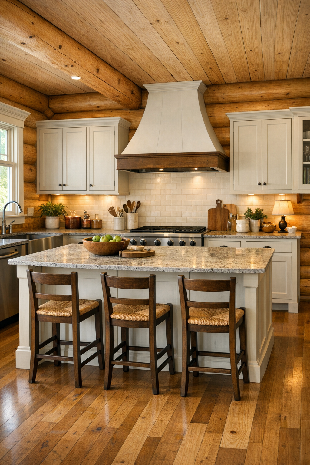 Classic kitchen with painted cabinetry, stone counters, and cedar log walls