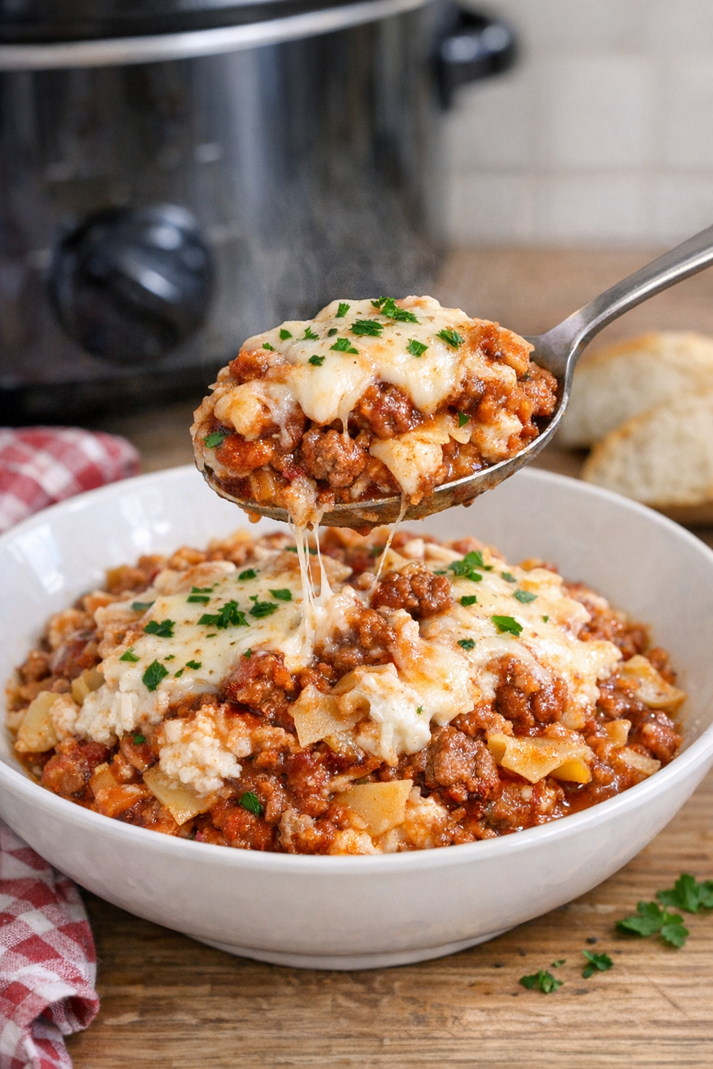 Finished slow cooker lasagna noodle casserole