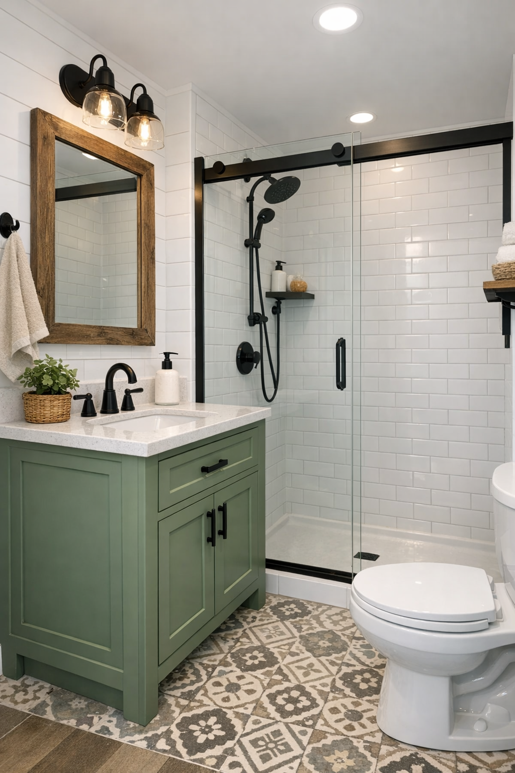 Bright compact bathroom with a sage vanity, white tile, and black fixtures