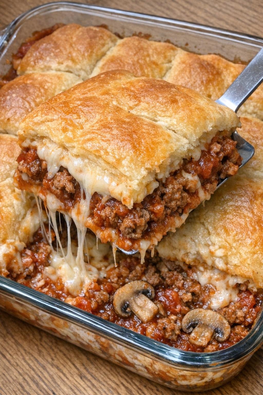 Upside-down crescent pizza casserole in a glass dish