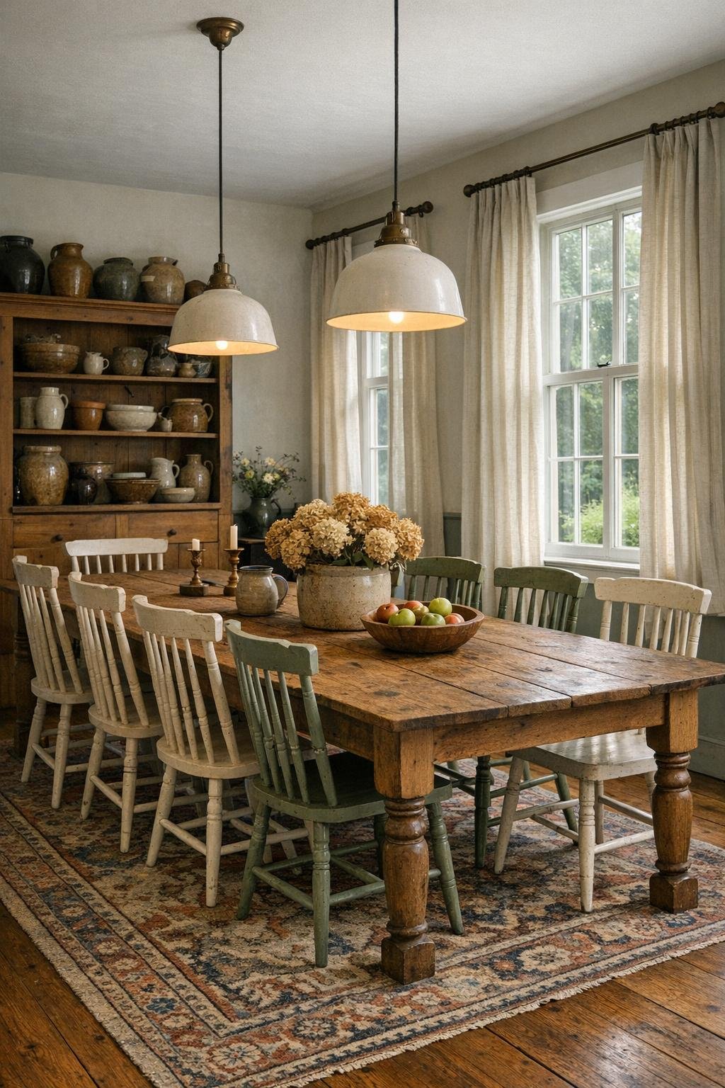 Open cottage dining area with farmhouse table and tall schoolhouse windows