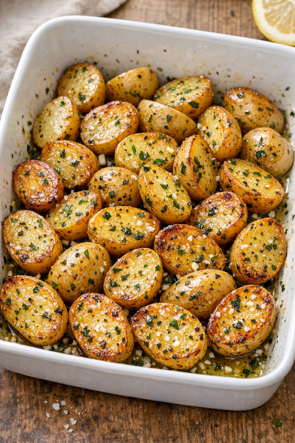 Finished lemon herb roasted baby yellow potatoes in a baking dish