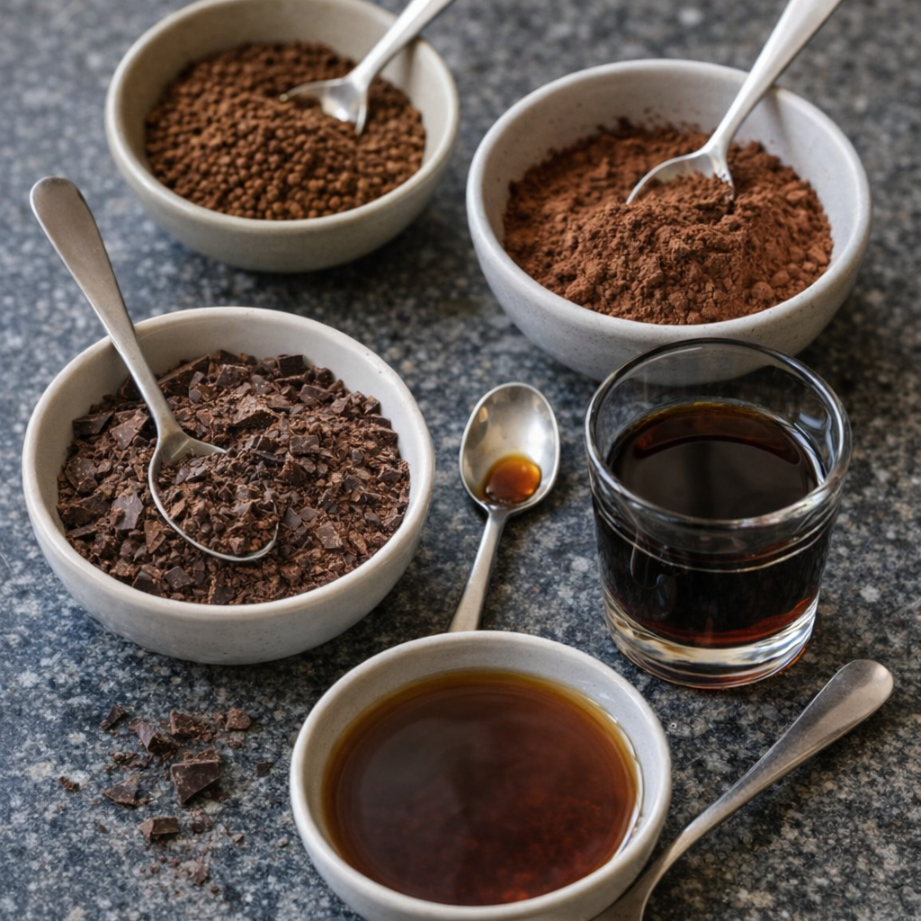 Ingredient variations for coffee chocolate fluff on a kitchen counter