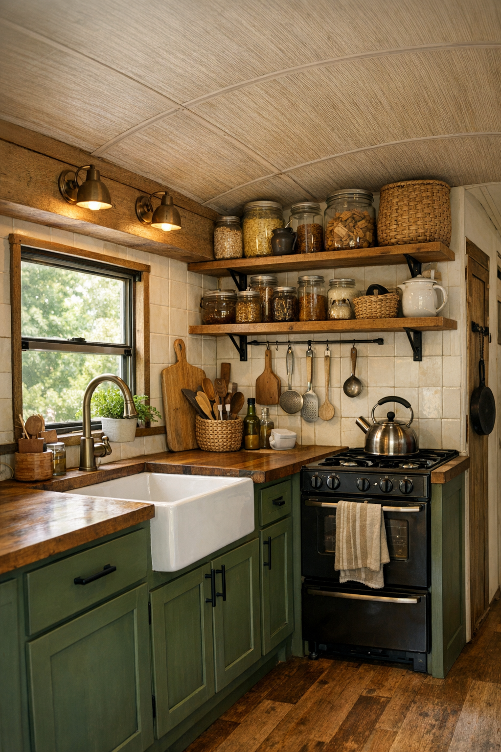 Off-grid bus kitchen with moss green cabinets, butcher block counters, and farmhouse sink