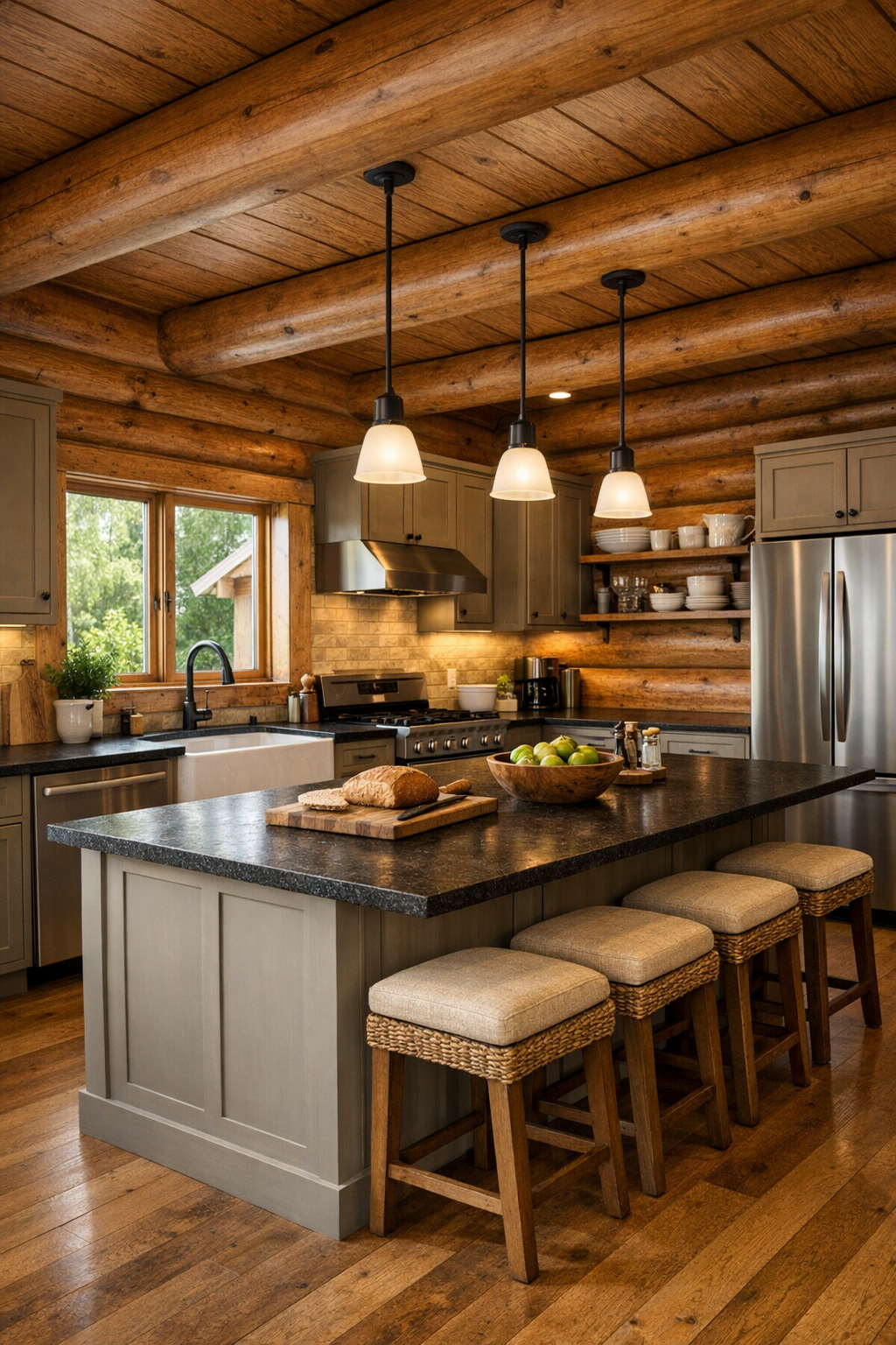 Family-friendly kitchen with log walls, painted cabinetry, and a large island