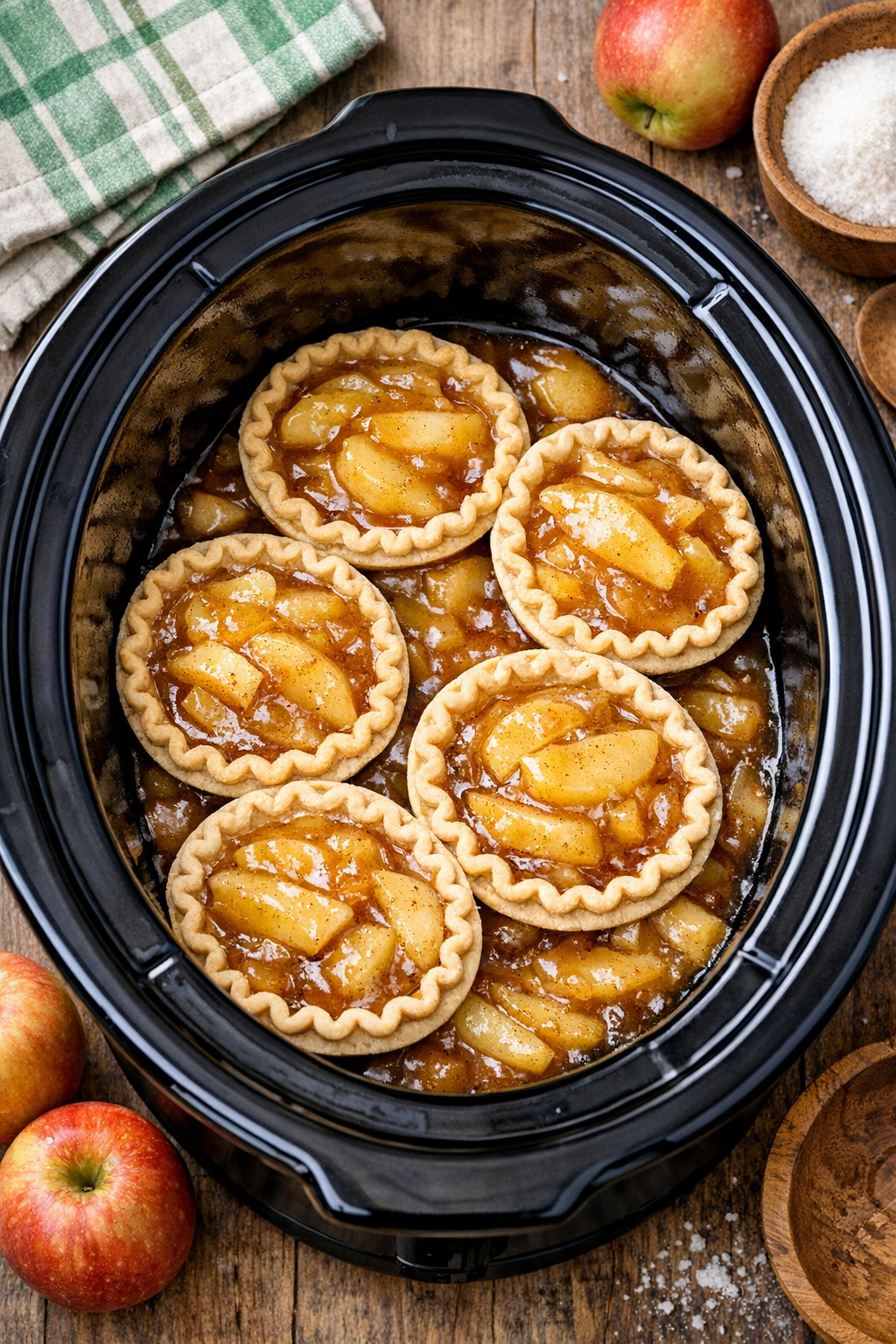 Apple pie filling spread over pie crusts in the slow cooker