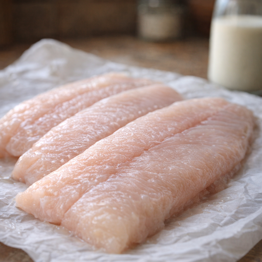 Close view of raw fish fillets on paper with a fresh sheen