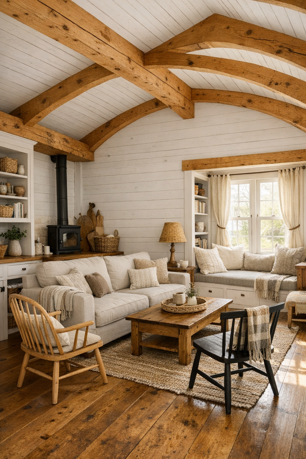 Cozy tiny home living room with white walls, exposed wood beams, linen seating, and handcrafted farmhouse details