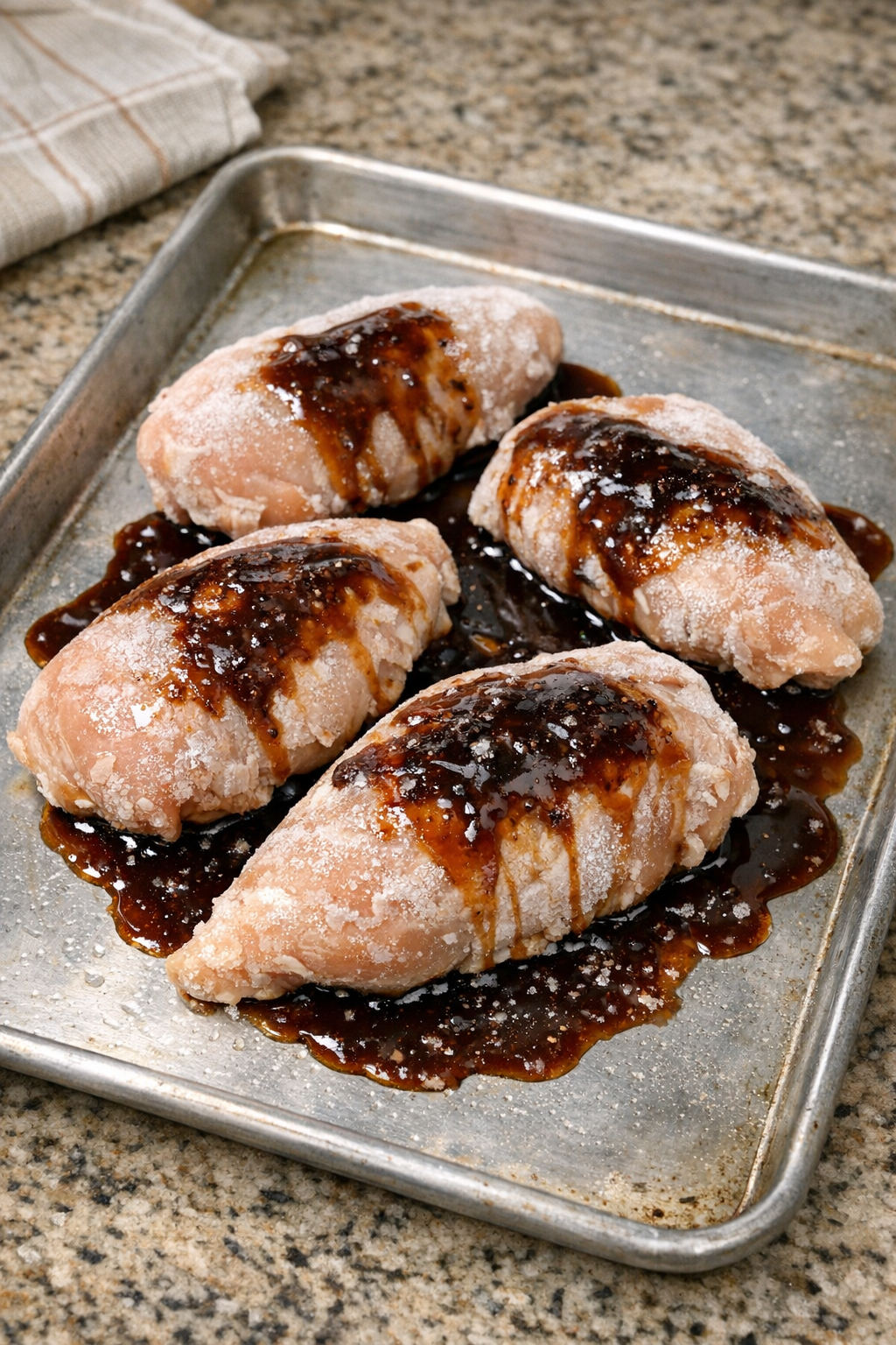 Prepared metal baking sheet ready for chicken