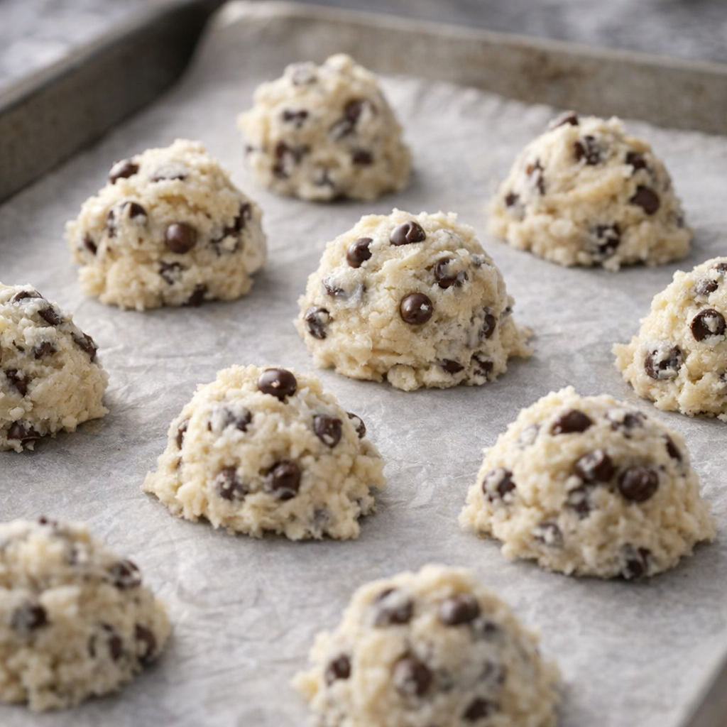Cookie dough portions on a parchment-lined baking sheet