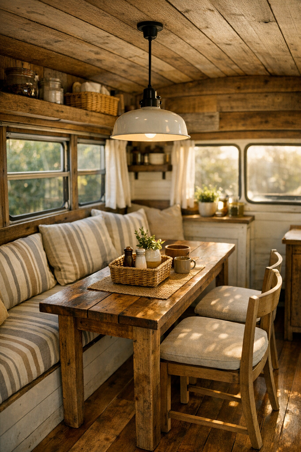 Cozy dining nook in a converted bus with banquette seating and a narrow wood table