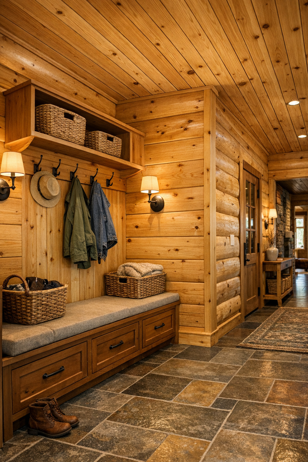 Organized mudroom and hallway with built-in bench, hooks, wood millwork, and warm lighting