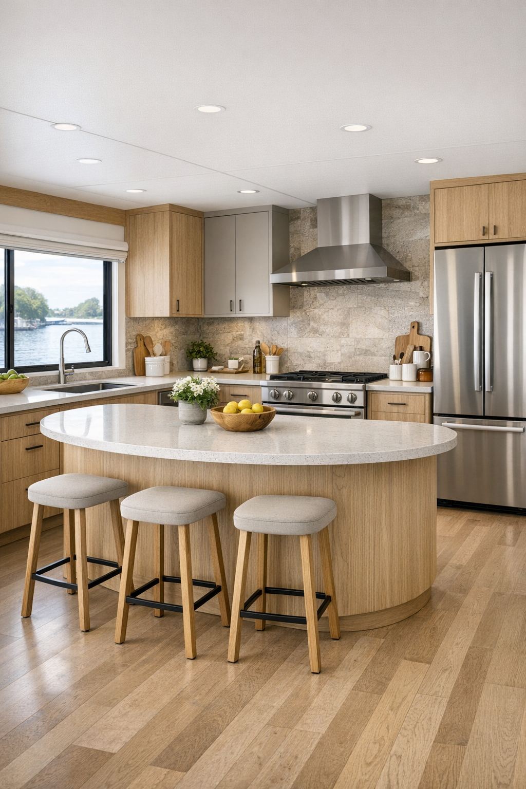 Accessible modern kitchen with pale oak cabinetry, quartz counters, and a rounded island