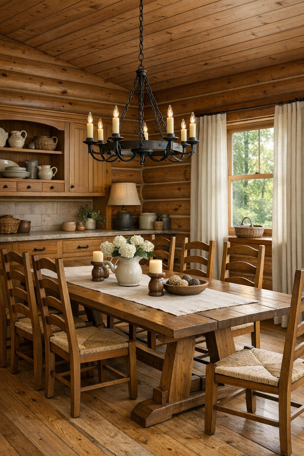Dining room with a trestle table, ladder-back chairs, and warm wood finishes