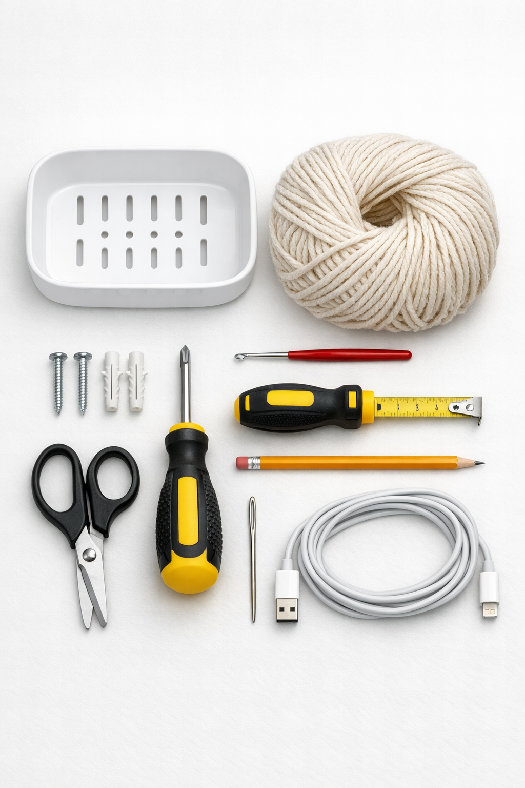 Materials for a crochet phone charging station laid out neatly