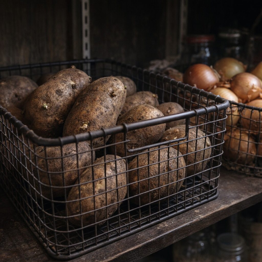 Potatoes stored in a basket on a cool pantry shelf