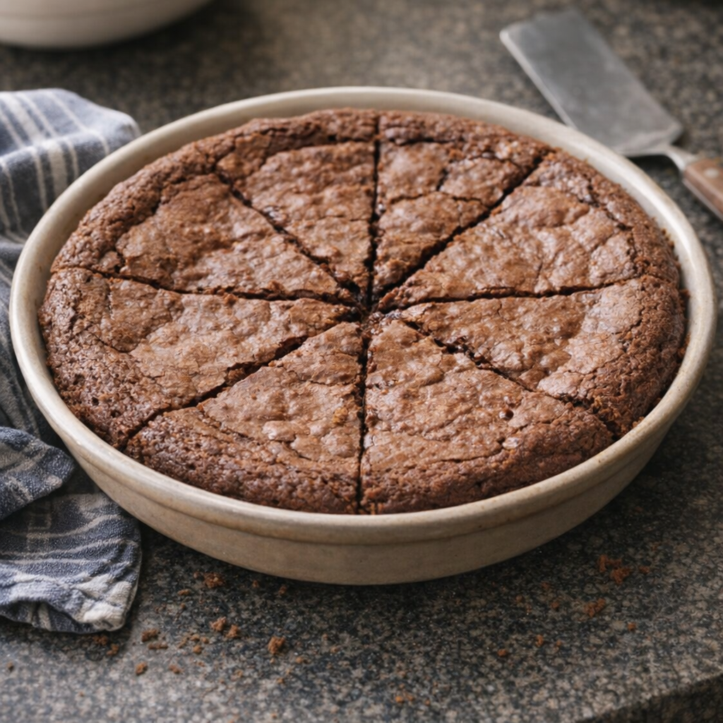 Brownie pie cooling on a suburban kitchen counter