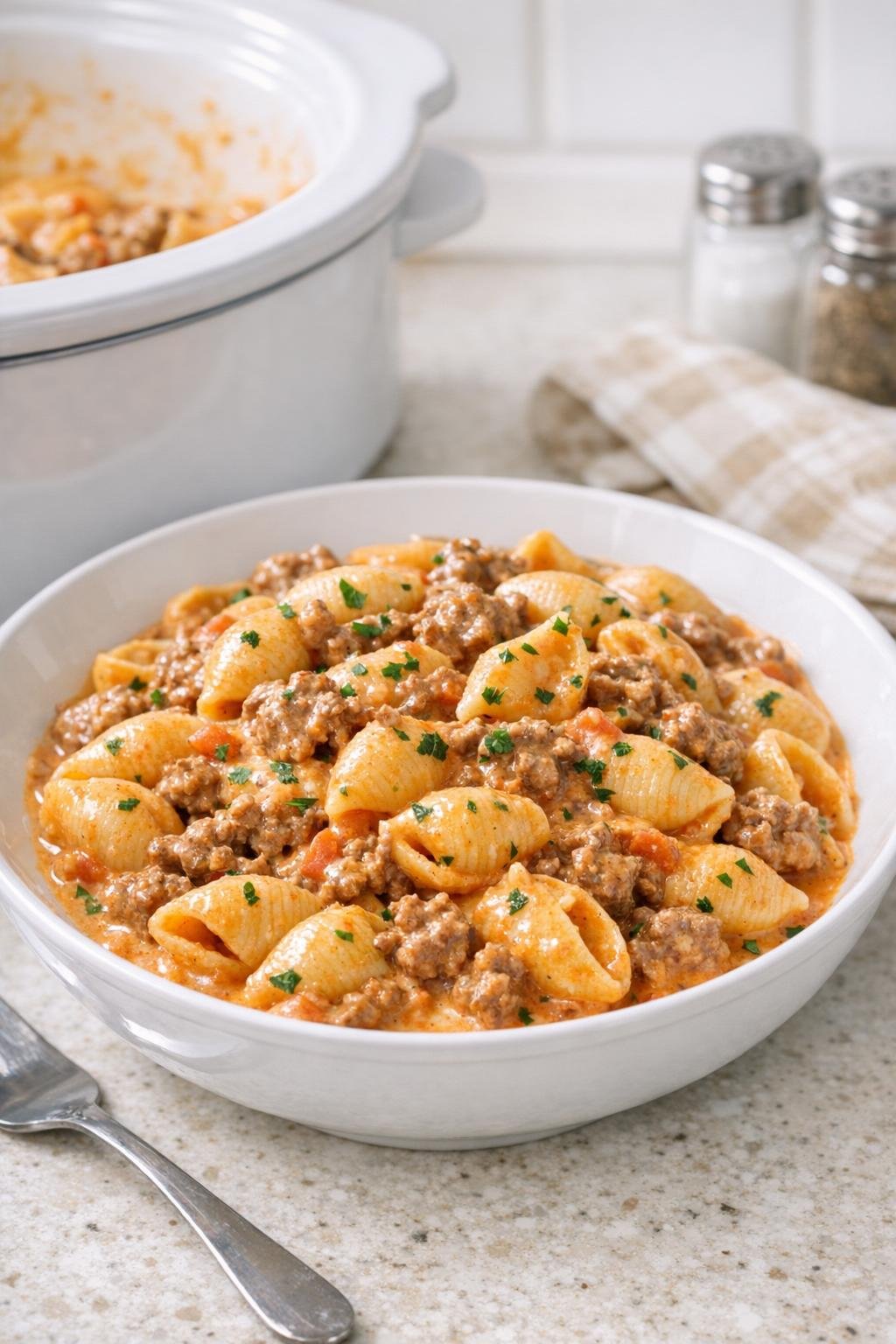 Finished creamy beef and shells plated in a bowl