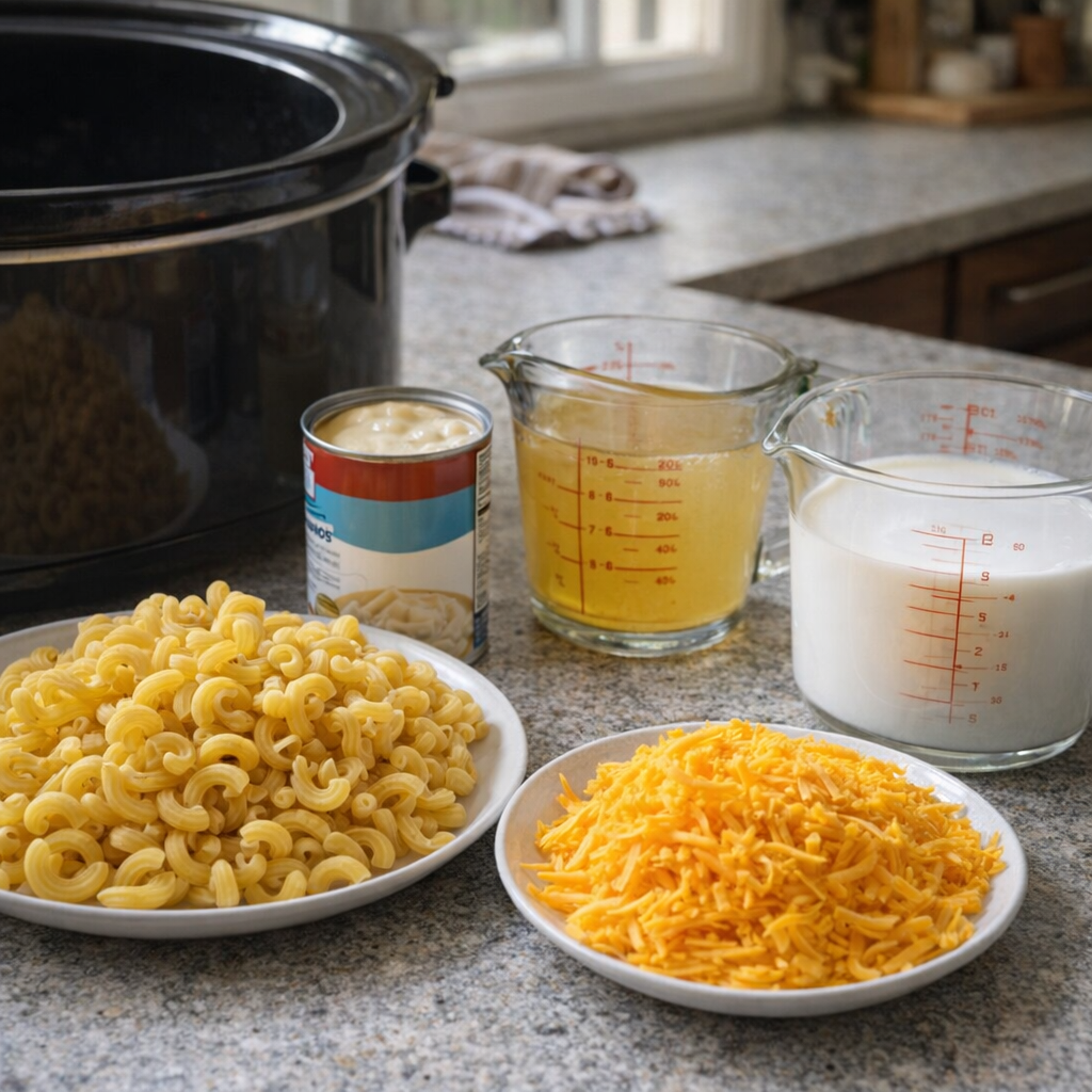 Ingredients gathered beside a slow cooker