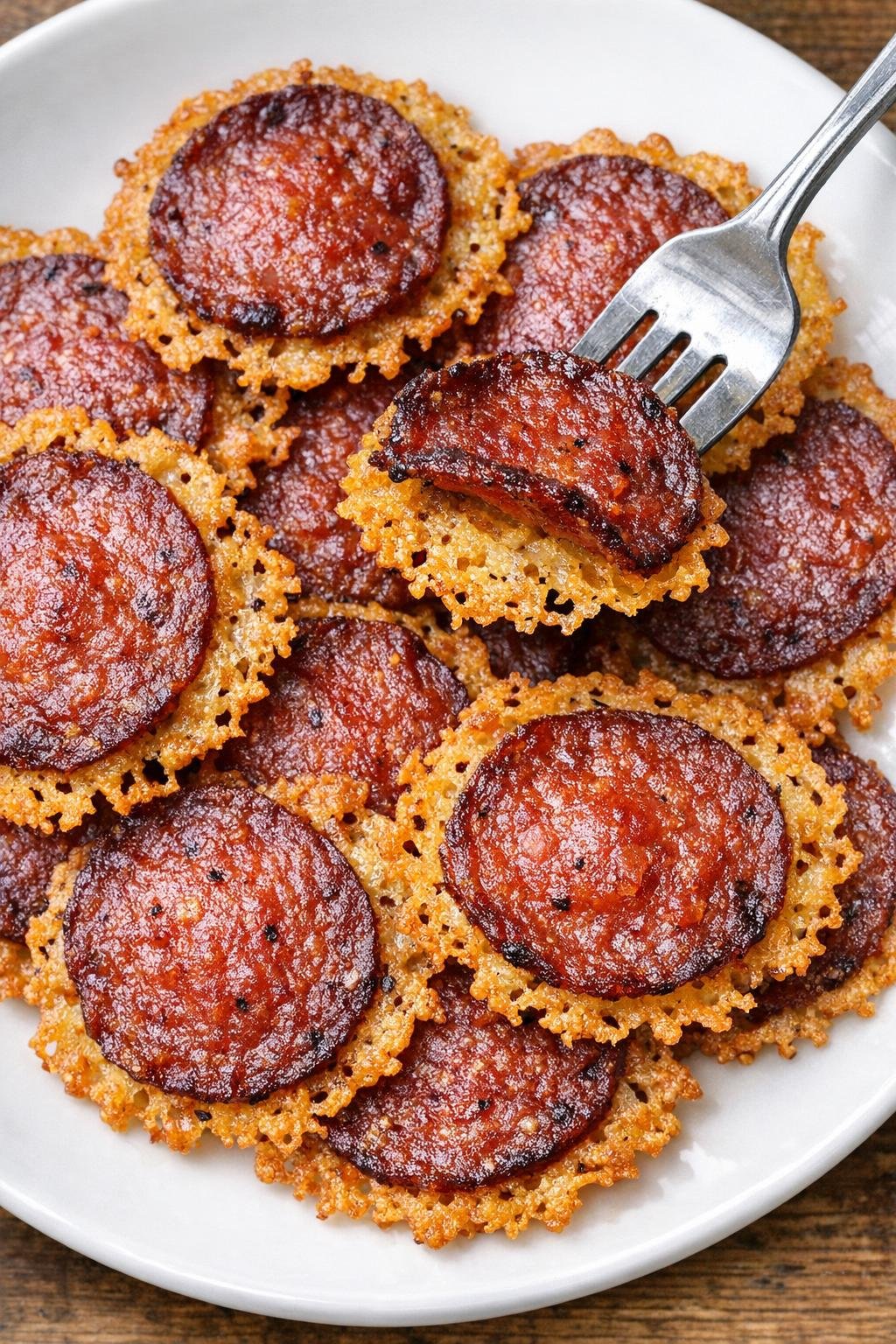 Low carb salami Biltmore crisps on a white plate