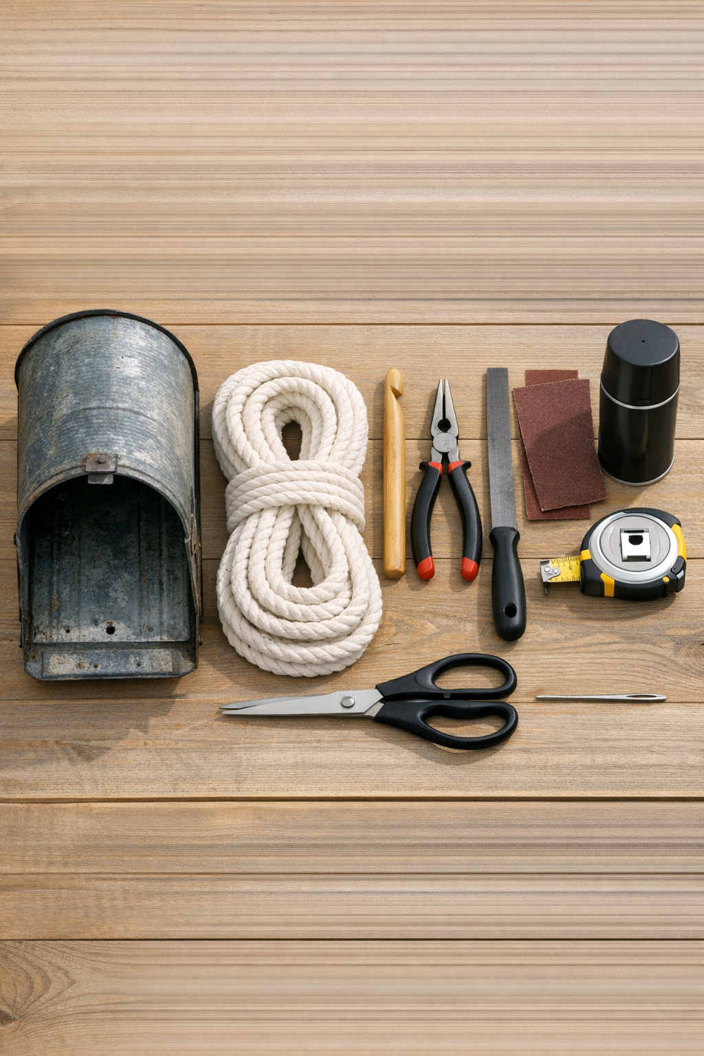 Materials laid out for the mailbox utensil holder project