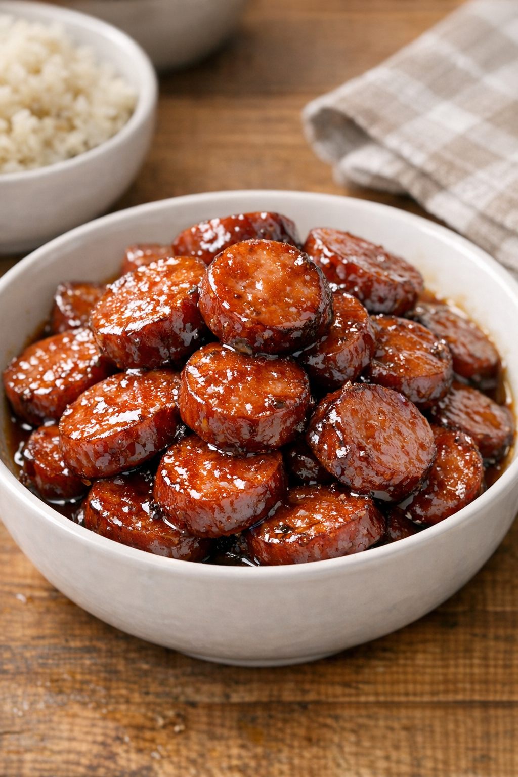 Finished glazed kielbasa in a serving bowl