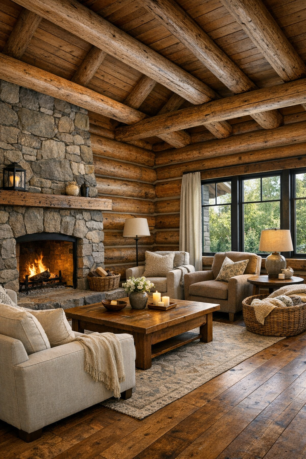 Living room with log walls, stone fireplace, and soft neutral seating